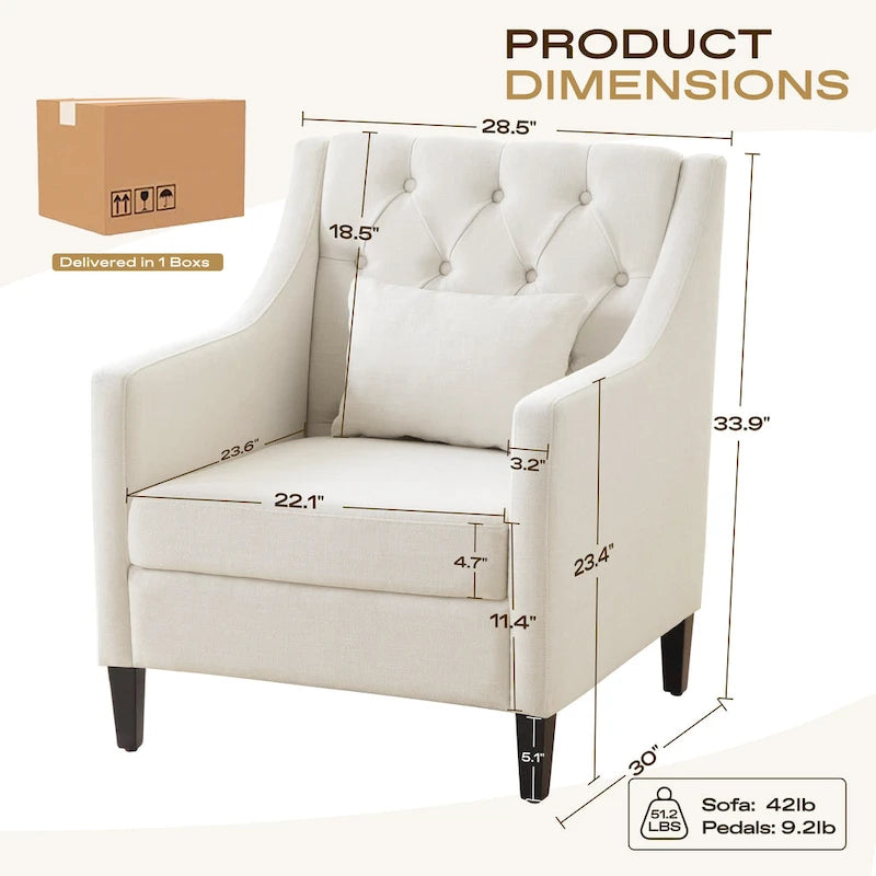Upholstered Tufted Accent Armchair with Lumbar Pillow – Beige