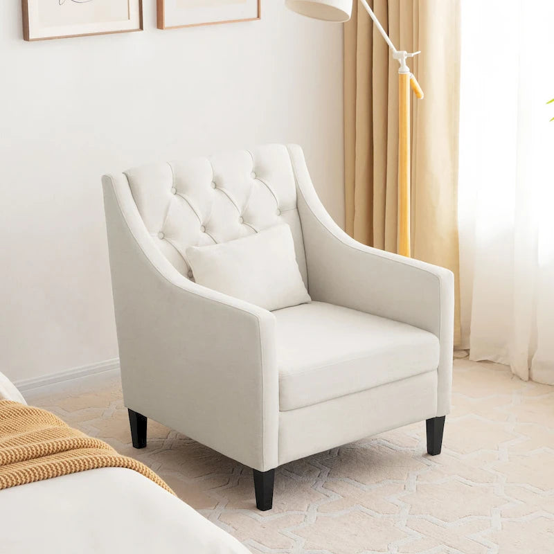 Upholstered Tufted Accent Armchair with Lumbar Pillow – Beige