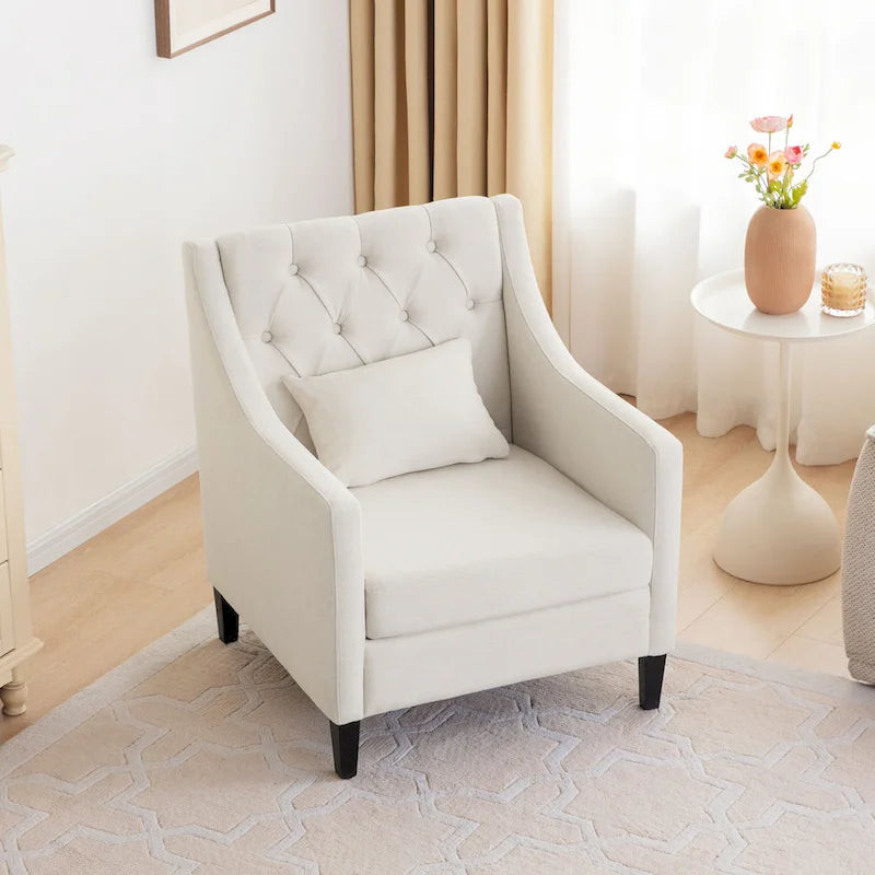 Upholstered Tufted Accent Armchair with Lumbar Pillow – Beige