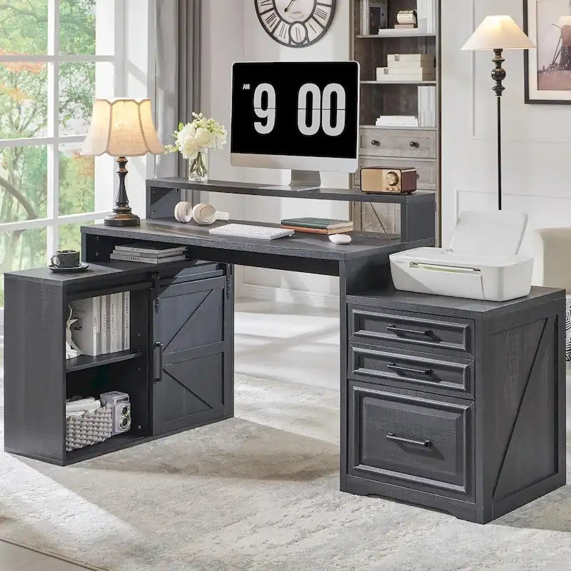Farmhouse Home Office Desk with File Cabinet & Monitor Stand