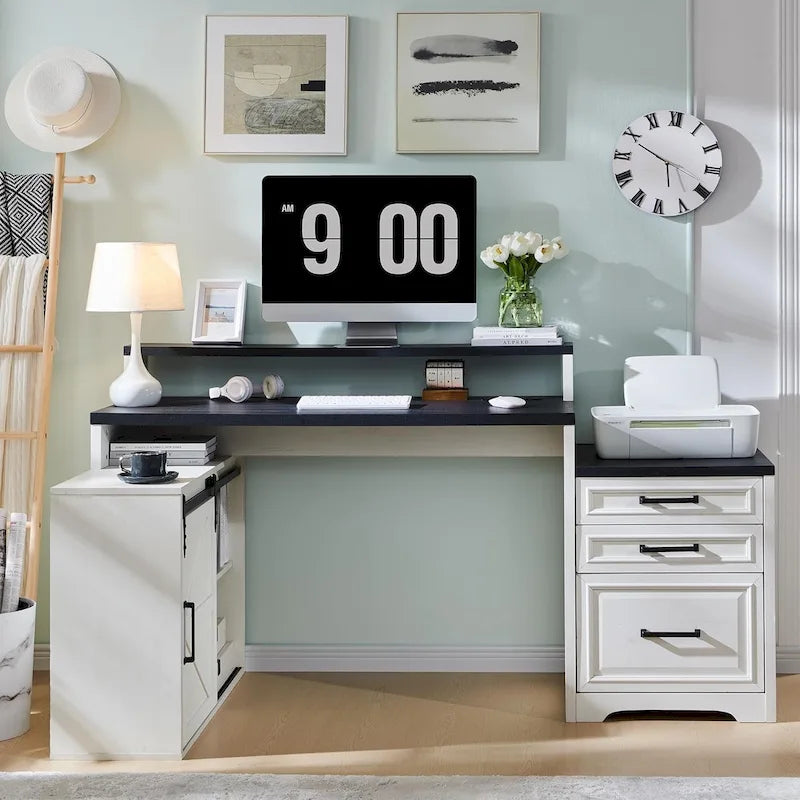Farmhouse Home Office Desk with File Cabinet & Monitor Stand
