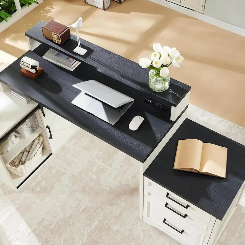 Farmhouse Home Office Desk with File Cabinet & Monitor Stand