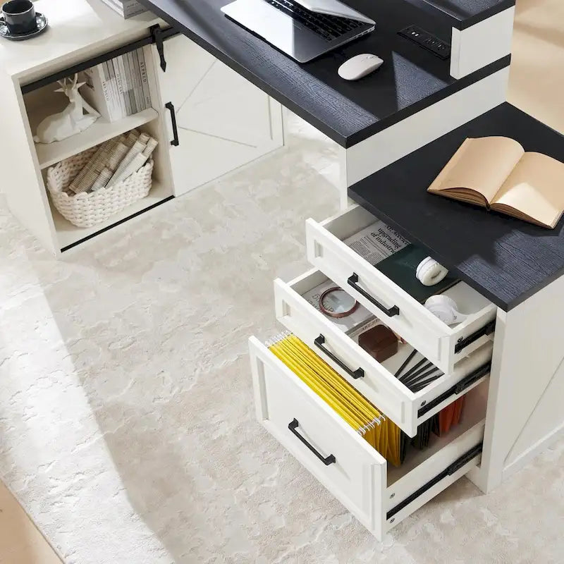 Farmhouse Home Office Desk with File Cabinet & Monitor Stand