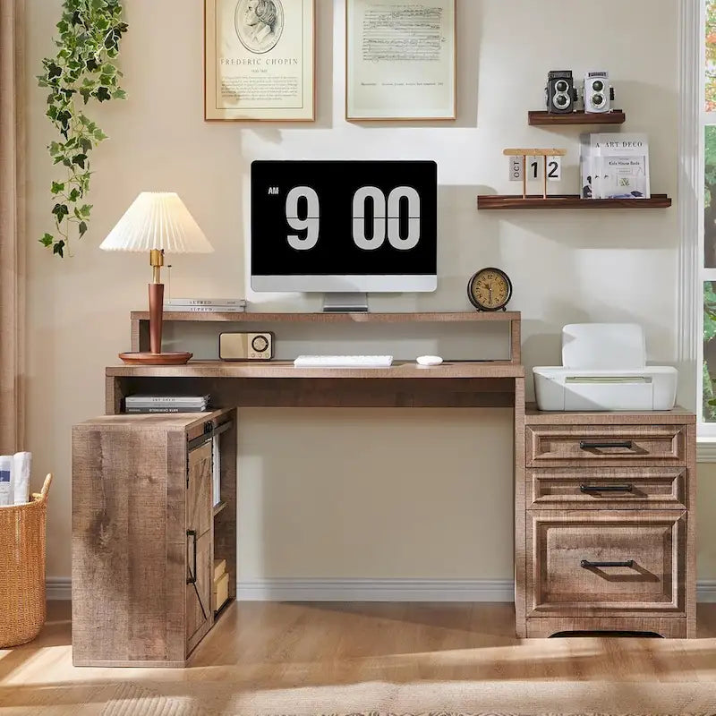 Biurko do domowego biura w stylu farmhouse z szafką na dokumenty i podstawką pod monitor