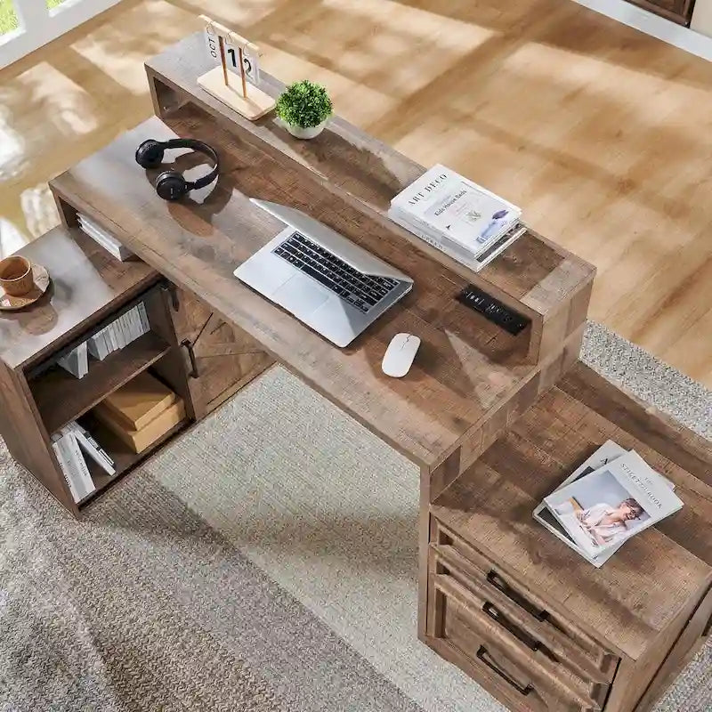 Biurko do domowego biura w stylu farmhouse z szafką na dokumenty i podstawką pod monitor