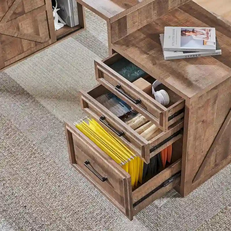 Biurko do domowego biura w stylu farmhouse z szafką na dokumenty i podstawką pod monitor