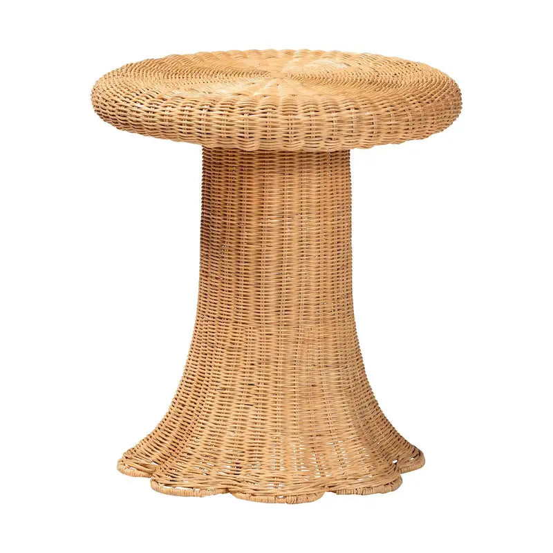 Handwoven Natural Rattan Round Side Table with Scalloped Pedestal Base