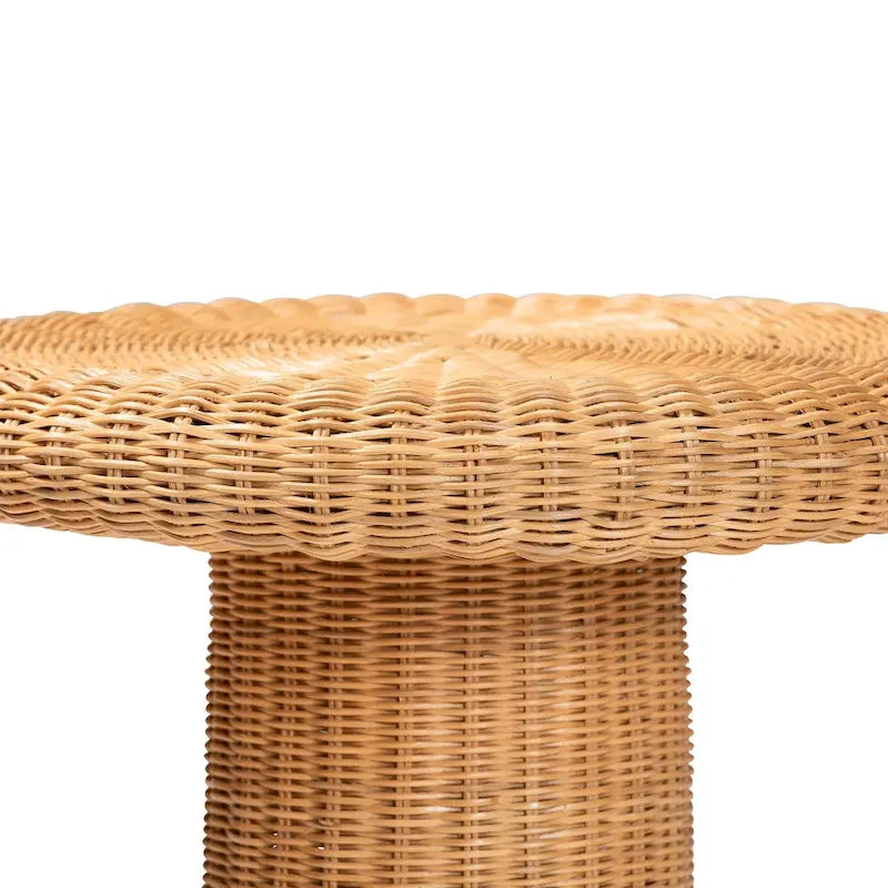 Handwoven Natural Rattan Round Side Table with Scalloped Pedestal Base