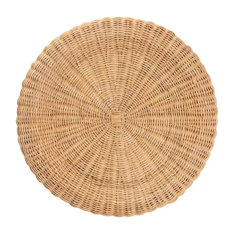 Handwoven Natural Rattan Round Side Table with Scalloped Pedestal Base