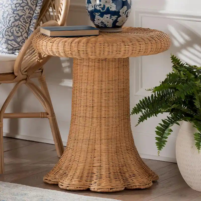 Handwoven Natural Rattan Round Side Table with Scalloped Pedestal Base