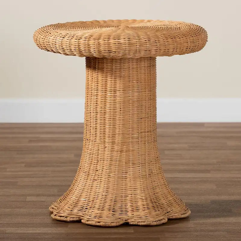 Handwoven Natural Rattan Round Side Table with Scalloped Pedestal Base