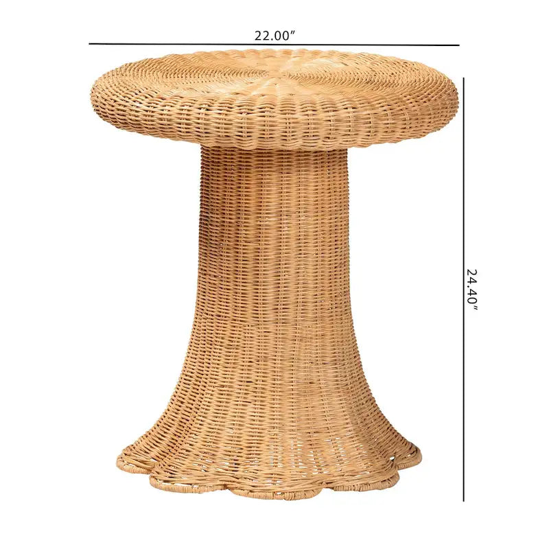 Handwoven Natural Rattan Round Side Table with Scalloped Pedestal Base
