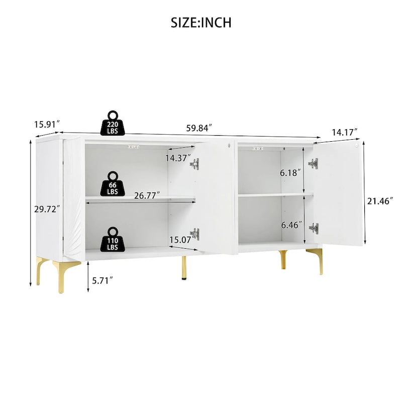 60" 4-Door Sideboard with Press-to-Open Doors, Wood Veneer & High-Gloss Finish