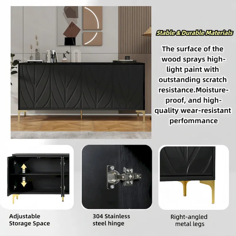 60" 4-Door Sideboard with Press-to-Open Doors, Wood Veneer & High-Gloss Finish