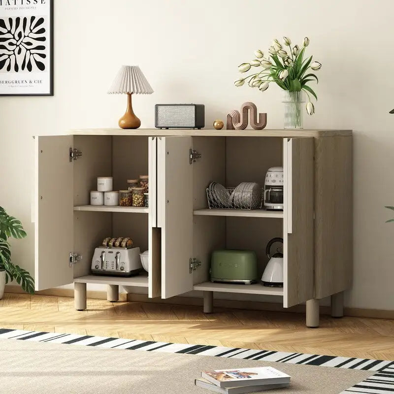 4-Door Wood Sideboard Buffet Cabinet with Arc Handles & Adjustable Shelves