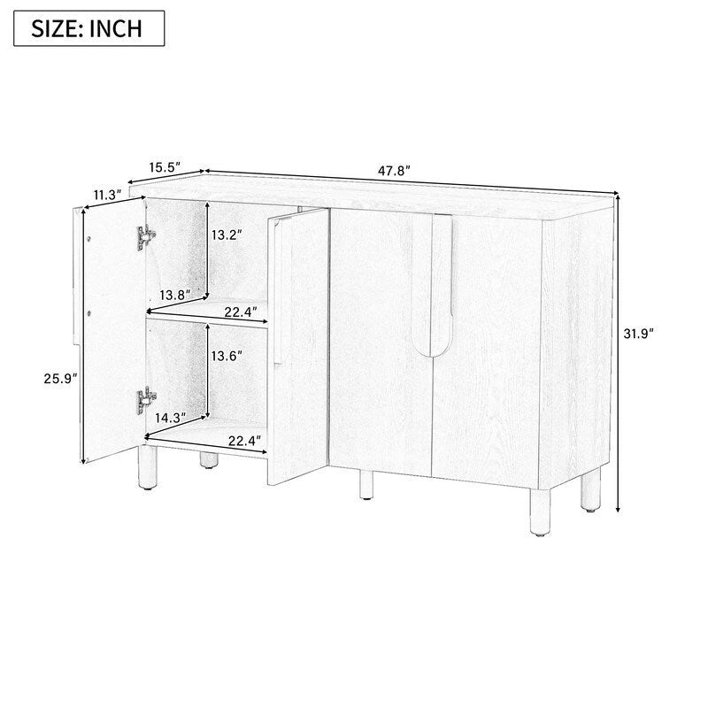 4-Door Wood Sideboard Buffet Cabinet with Arc Handles & Adjustable Shelves