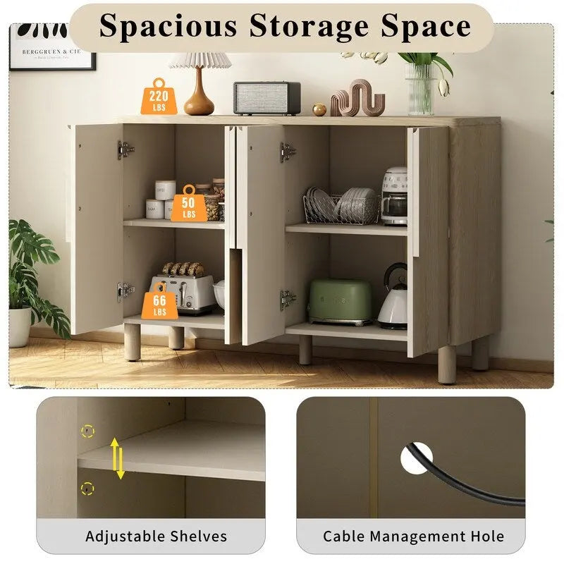4-Door Wood Sideboard Buffet Cabinet with Arc Handles & Adjustable Shelves