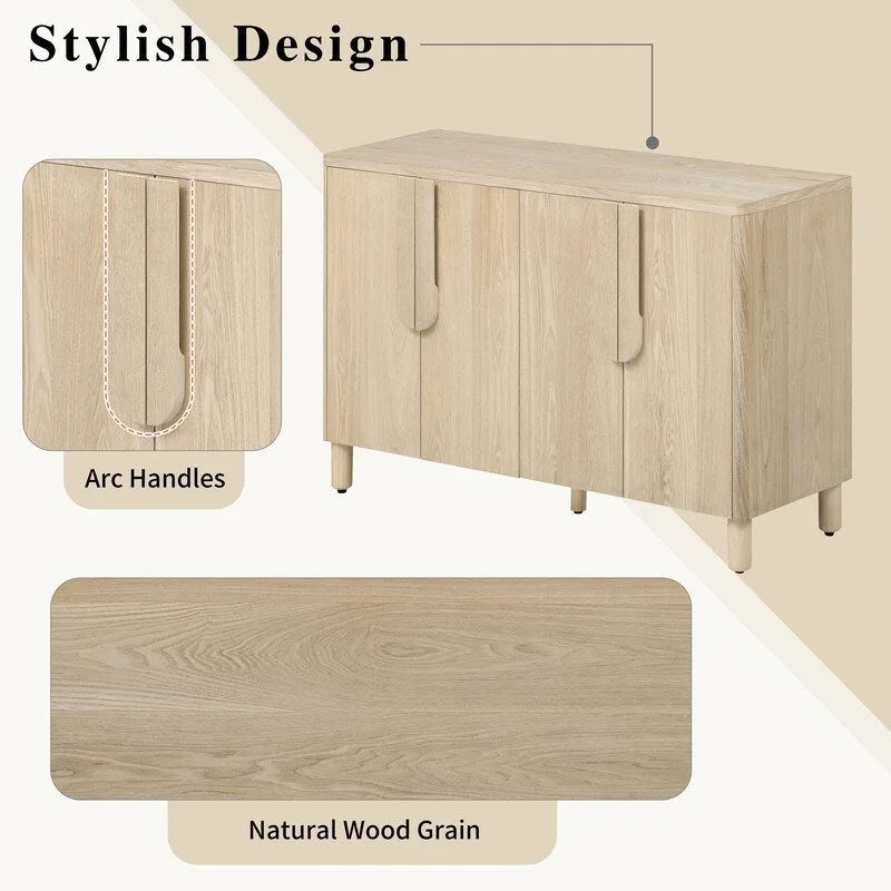 4-Door Wood Sideboard Buffet Cabinet with Arc Handles & Adjustable Shelves