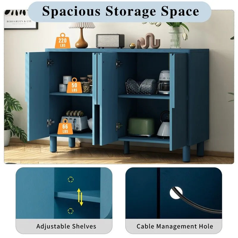 4-Door Wood Sideboard Buffet Cabinet with Arc Handles & Adjustable Shelves