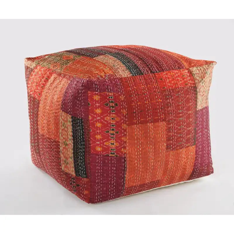 Square Patchwork Pouf Ottoman in Cotton-Silk Blend – Red
