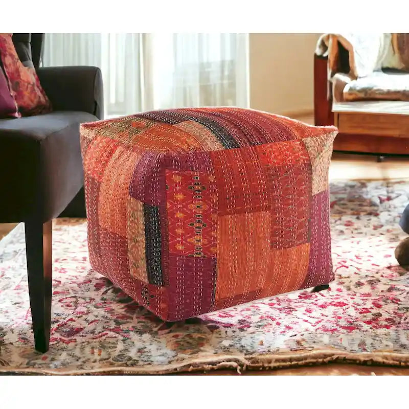 Square Patchwork Pouf Ottoman in Cotton-Silk Blend – Red