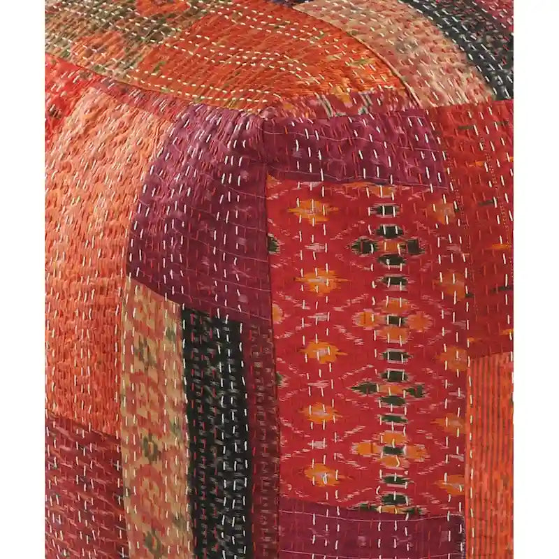 Square Patchwork Pouf Ottoman in Cotton-Silk Blend – Red