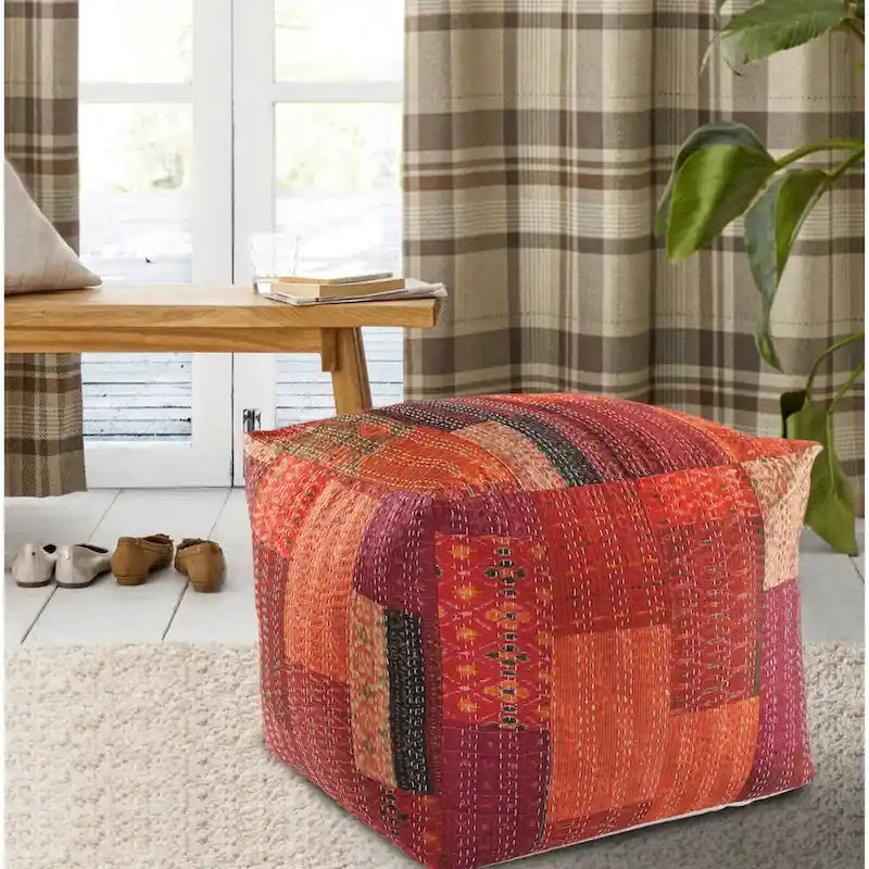 Square Patchwork Pouf Ottoman in Cotton-Silk Blend – Red