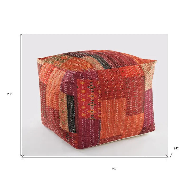 Vierkante patchwork-poef van katoen-zijdeblend - rood