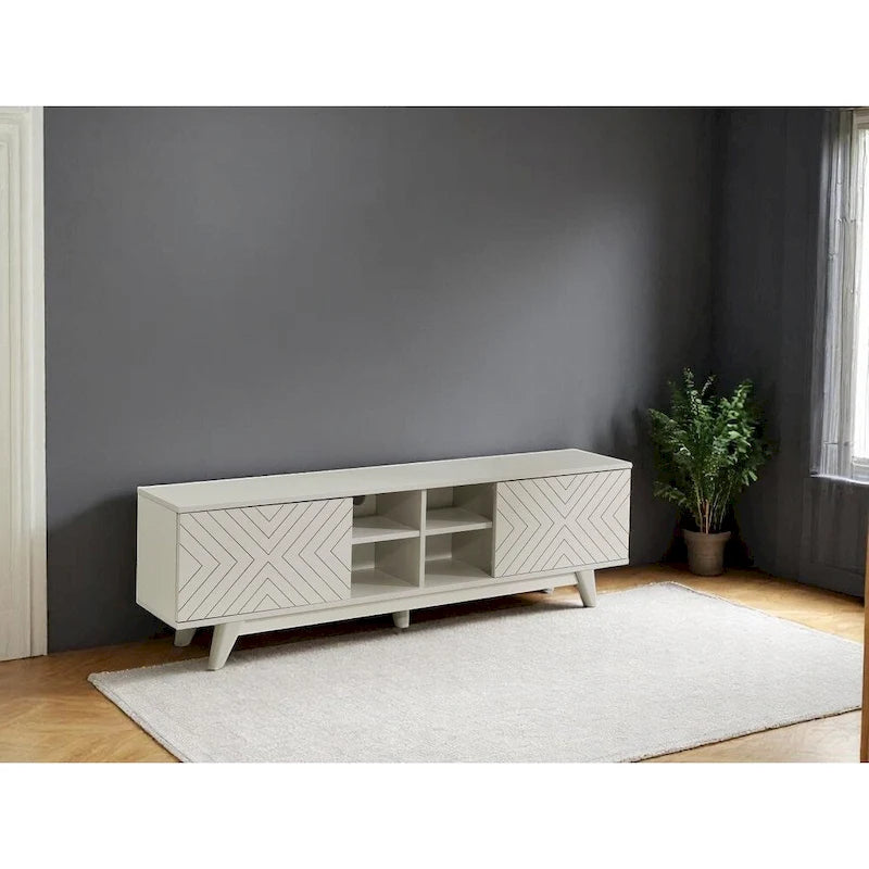 Mid-Century Modern TV Stand with 2-Door Cabinet & 4 Open Cubby Shelves
