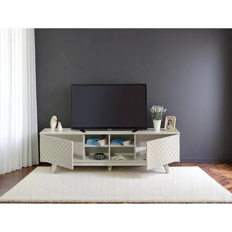 Mid-Century Modern TV Stand with 2-Door Cabinet & 4 Open Cubby Shelves