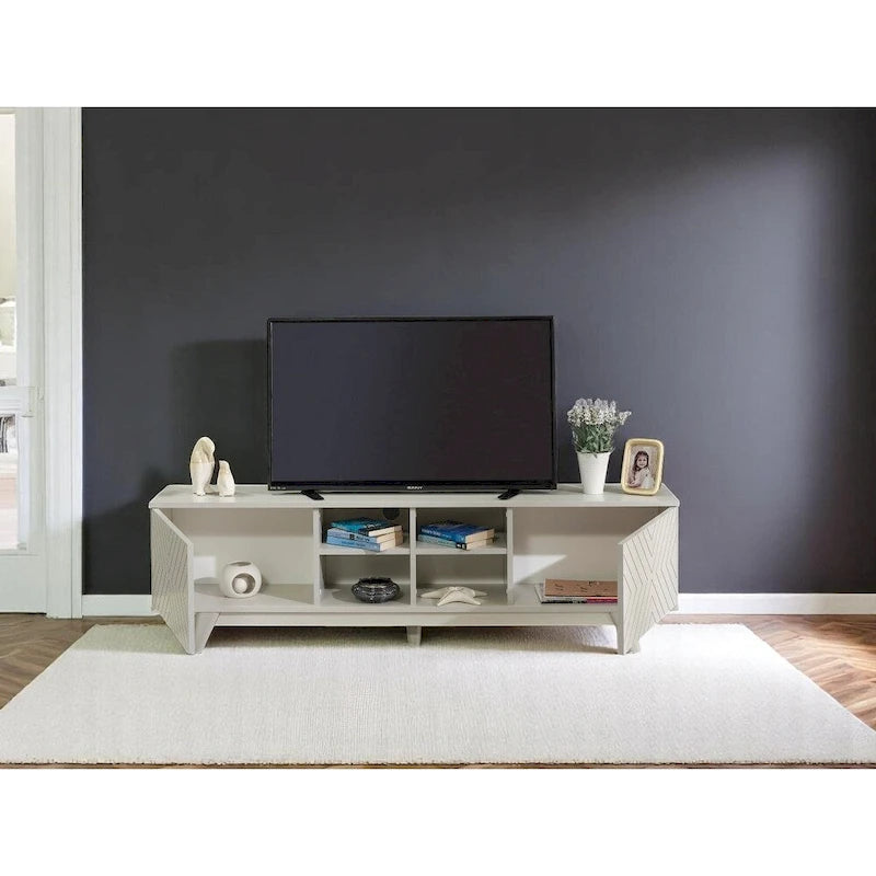 Mid-Century Modern TV Stand with 2-Door Cabinet & 4 Open Cubby Shelves