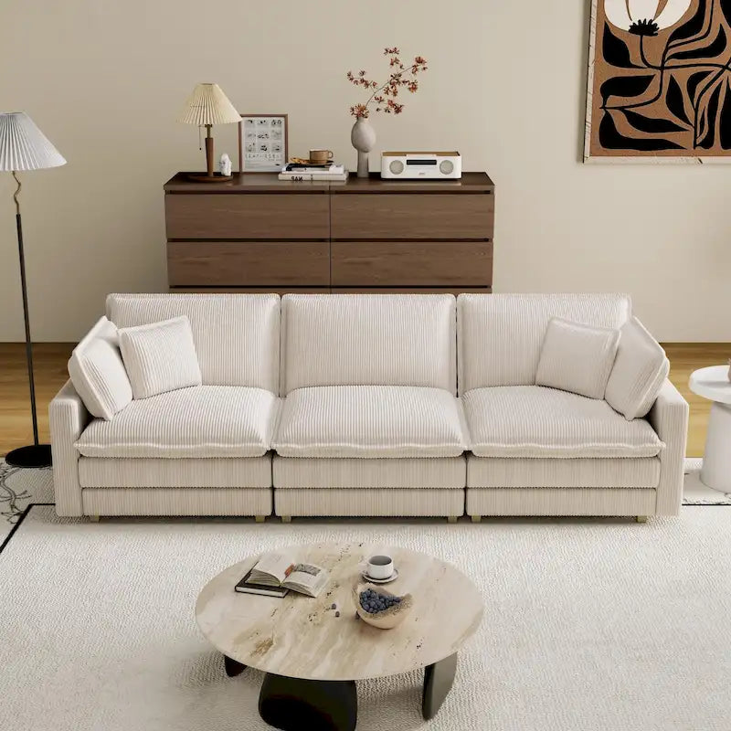 Oversized Corduroy 4-Seater Deep Seat Sofa with Removable Ottoman & Pillows