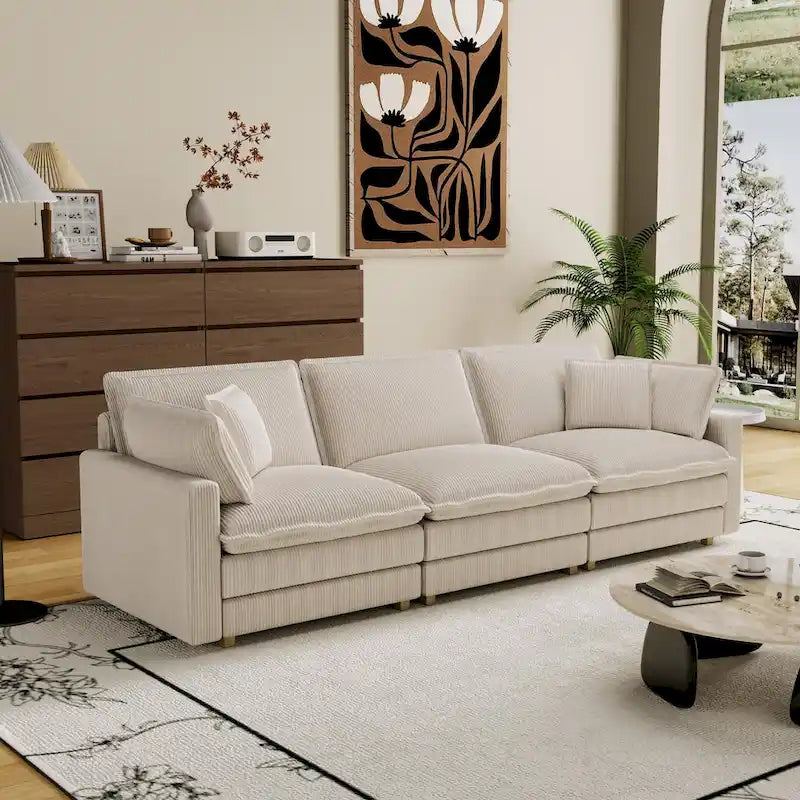 Oversized Corduroy 4-Seater Deep Seat Sofa with Removable Ottoman & Pillows