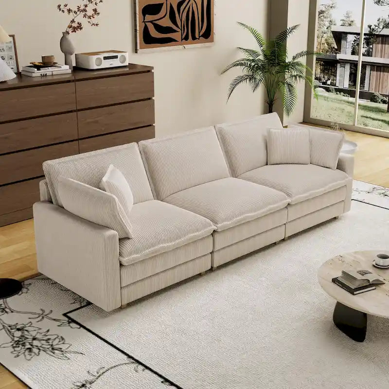 Oversized Corduroy 4-Seater Deep Seat Sofa with Removable Ottoman & Pillows