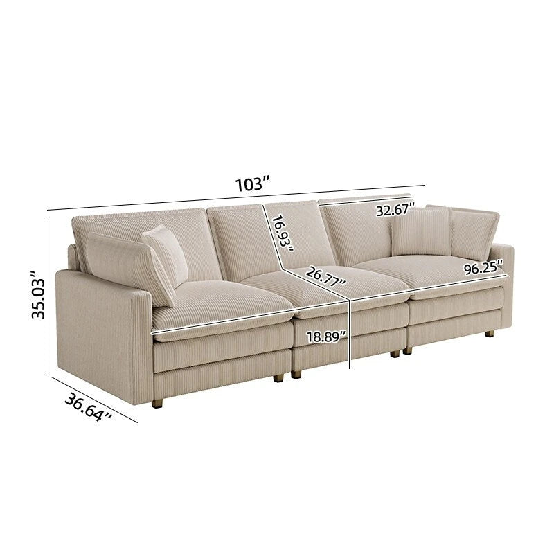 Oversized Corduroy 4-Seater Deep Seat Sofa with Removable Ottoman & Pillows