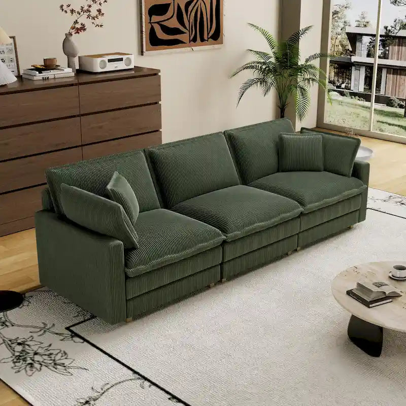 Oversized Corduroy 4-Seater Deep Seat Sofa with Removable Ottoman & Pillows
