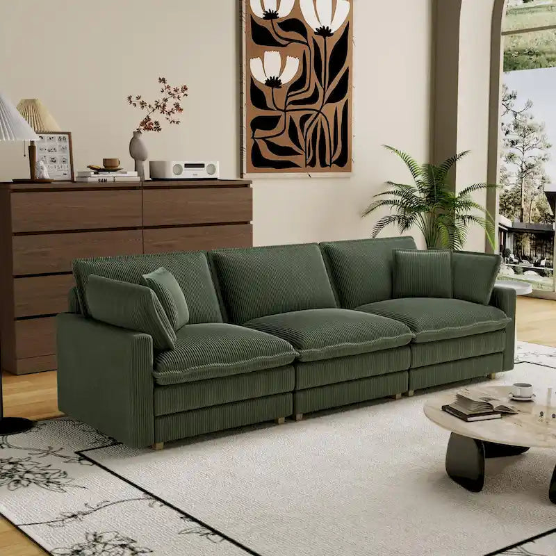 Oversized Corduroy 4-Seater Deep Seat Sofa with Removable Ottoman & Pillows