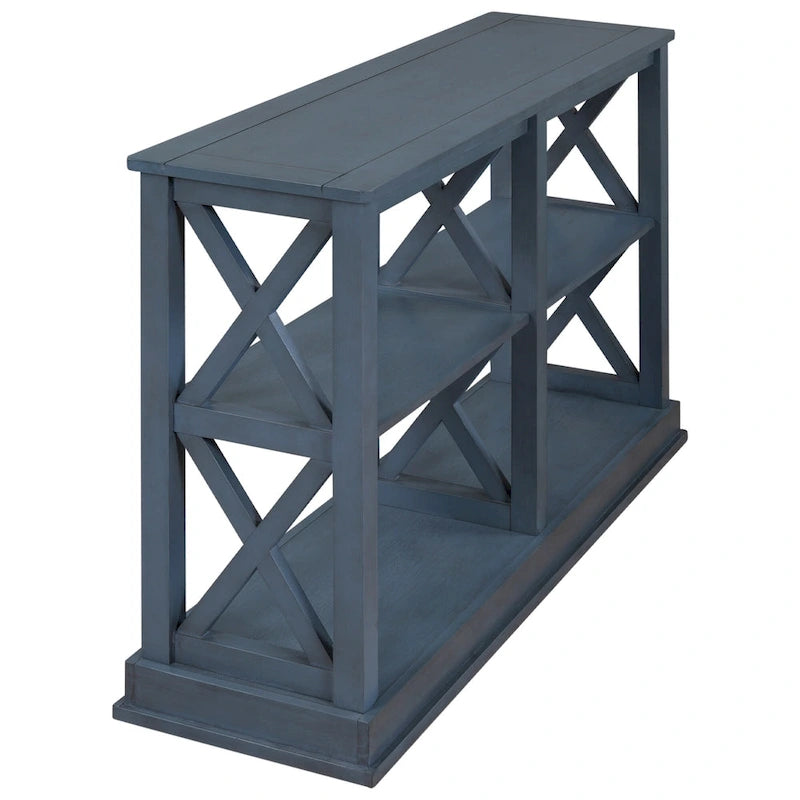 Consolle stretta a 3 ripiani con gambe a X