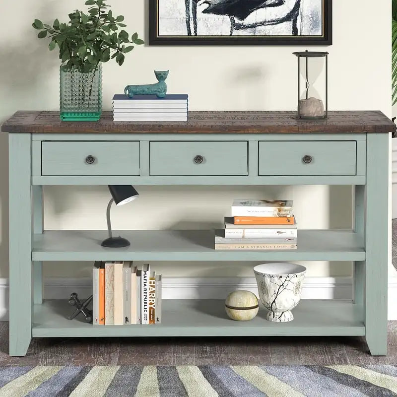 Vintage-Style Console Table with 3 Drawers & 2 Open Shelves