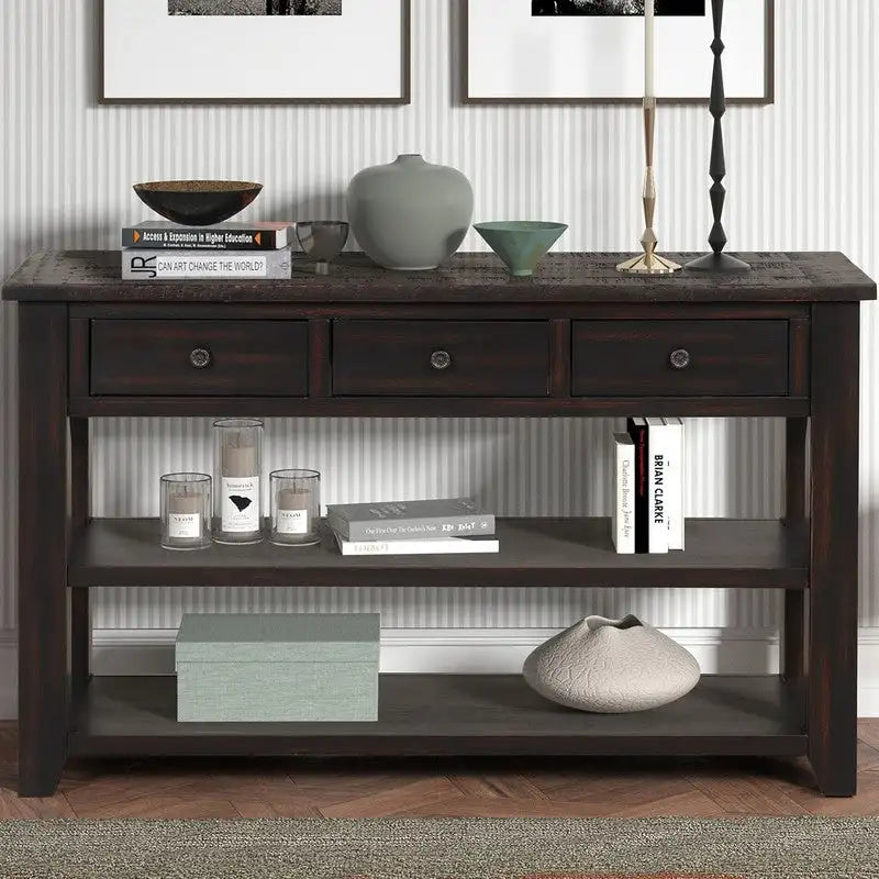 Vintage-Style Console Table with 3 Drawers & 2 Open Shelves