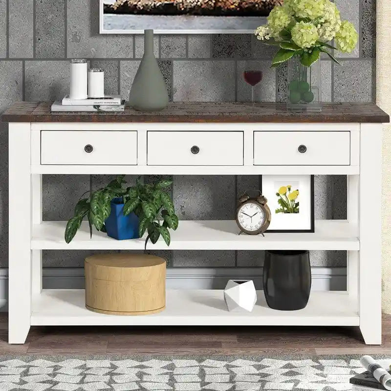Vintage-Style Console Table with 3 Drawers & 2 Open Shelves