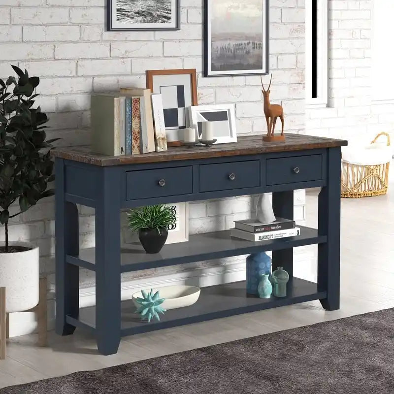 Wood Console Table with 3 Storage Drawers and 2 Shelves