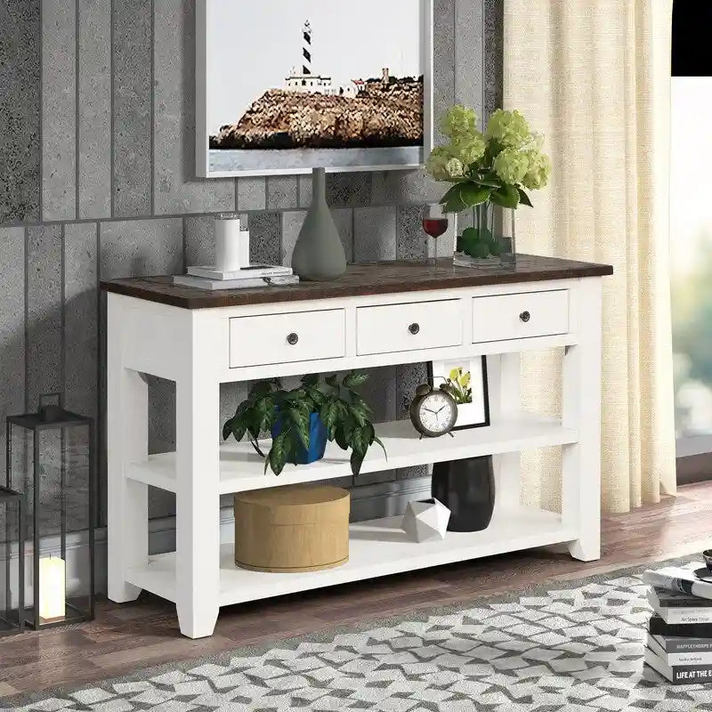 Vintage-Style Console Table with 3 Drawers & 2 Open Shelves