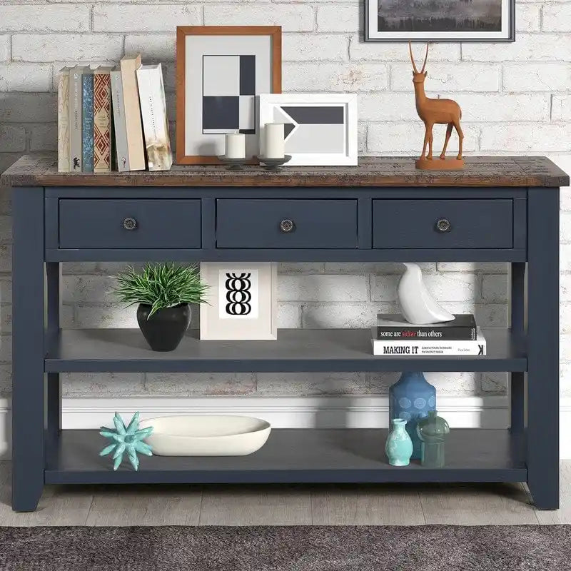 Vintage-Style Console Table with 3 Drawers & 2 Open Shelves
