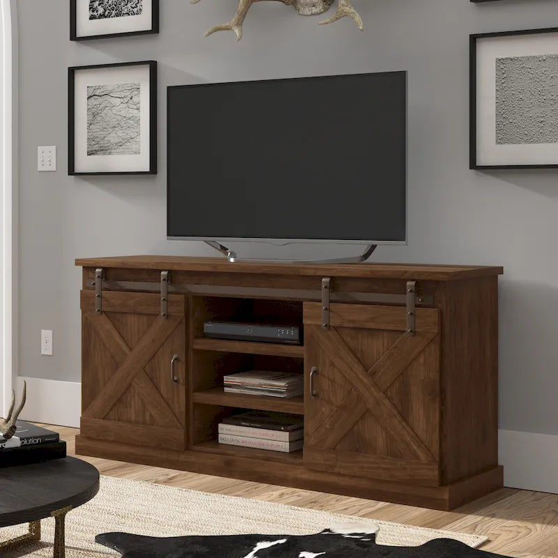 66" Farmhouse Solid Wood TV Stand with Sliding Barn Doors – Distressed Finish
