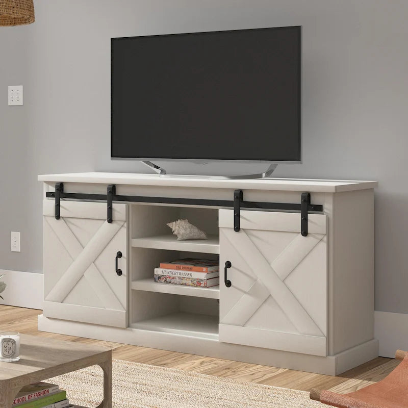 66" Farmhouse Solid Wood TV Stand with Sliding Barn Doors – Distressed Finish