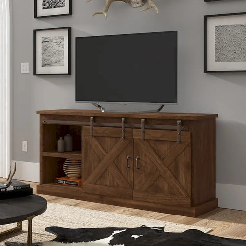 TV-Schrank im Landhausstil, 66", aus Massivholz mit Schiebetüren im Scheunentor-Stil – Used-Look