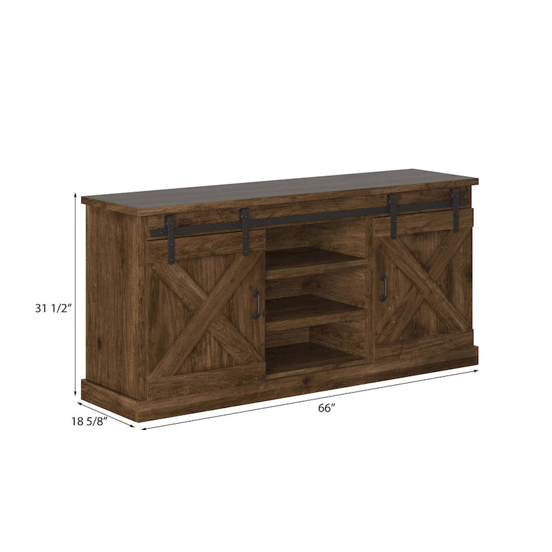 66" Farmhouse Solid Wood TV Stand with Sliding Barn Doors – Distressed Finish