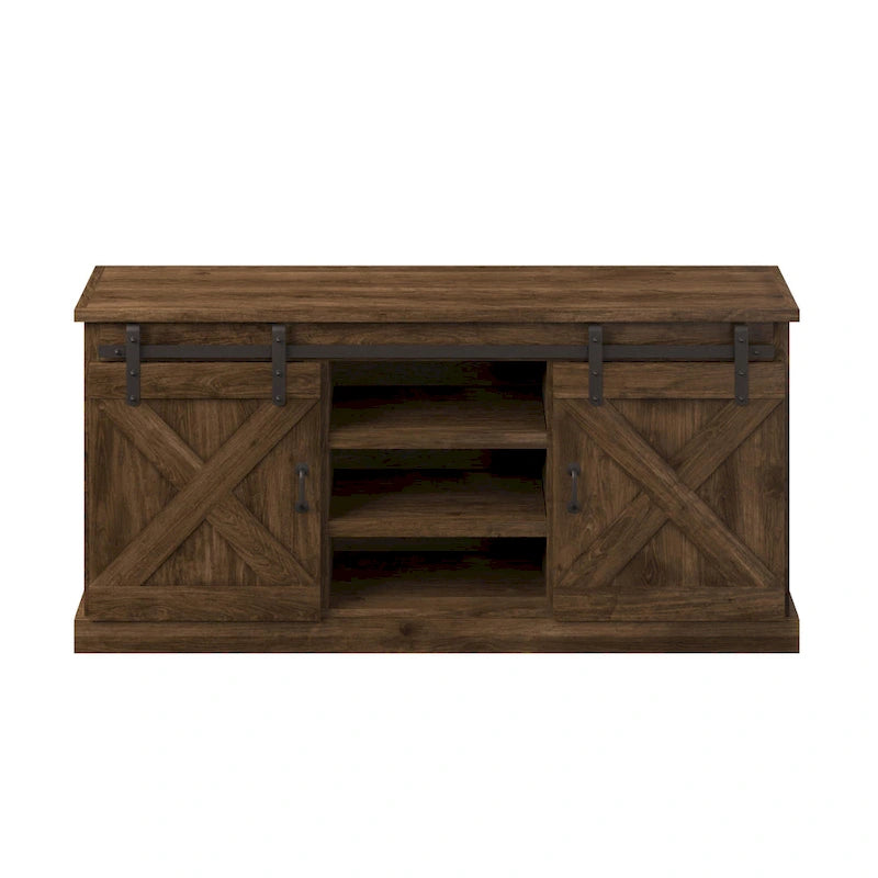 66" Farmhouse Solid Wood TV Stand with Sliding Barn Doors – Distressed Finish