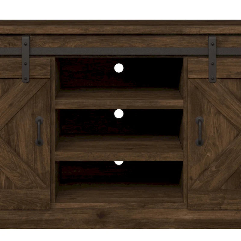 Meuble TV de ferme de 66" en bois massif avec portes coulissantes de grange - finition vieillie